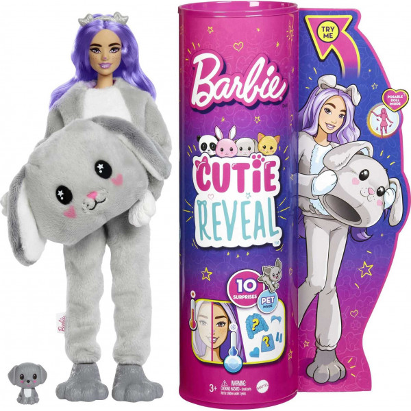 Muñeca Barbie Cutie Reveal a la moda con disfraz de cachorro de peluche y 10 sorpresas, incluida una mini mascota y cambio de color