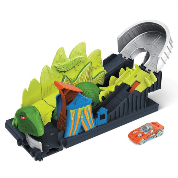 Hot Wheels Dino Coaster Attack Playset con montaña rusa, desafío de dinosaurio estegosaurio y un vehículo a escala 1:64 para niños de 4 a 8 años, se conecta a otros juegos