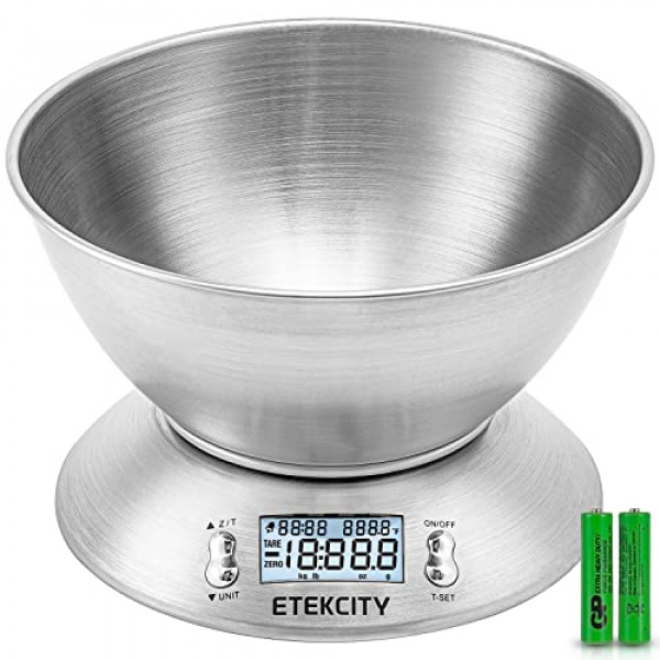 Etekcity Báscula de cocina para alimentos con tazón, báscula de peso digital para onzas y gramos de alimentos, cocinar y hornear, temporizador y sensor de temperatura, 2.06 QT, acero inoxidable