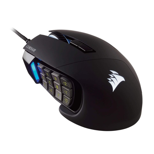 Corsair Scimitar Pro RGB Ratón óptico para juegos MMO (sensor óptico de 16.000 DPI, 12 botones laterales programables, iluminación multicolor RGB de 4 zonas, almacenamiento integrado) - Negro