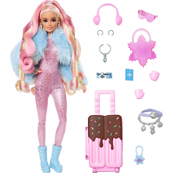 Muñeca Barbie Extra Fly con ropa y accesorios de viaje con temática de nieve, mono rosa brillante y abrigo de piel sintética