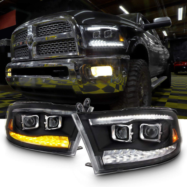 AKKON - Para 09-18 Dodge Ram 1500 2500 3500 Actualización de proyector y barra LED negro Faros delanteros con juego de bombillas