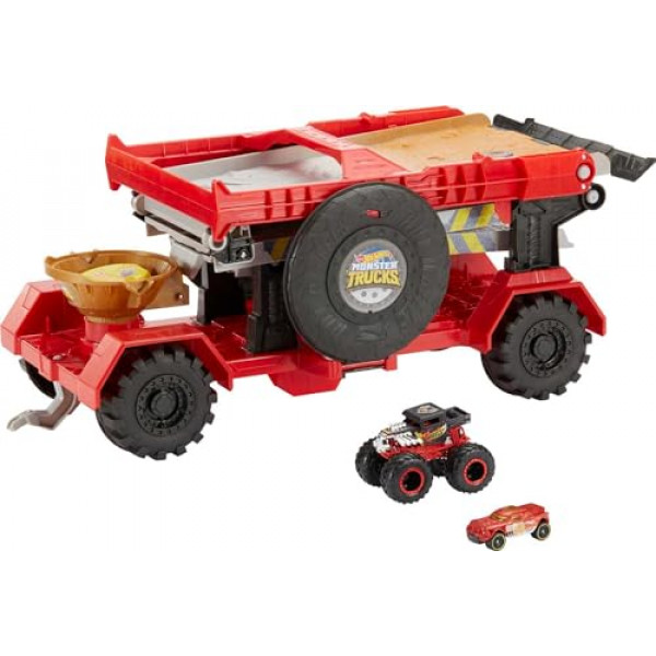 Hot Wheels Monster Trucks Playset, camión y coche de juguete, Down Hill Race & Go con agitador de huesos a escala 1:64 y coche de juguete a escala 1:64 (exclusivo de Amazon)