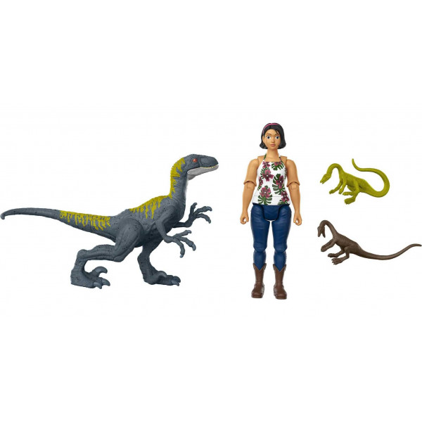 Mattel Jurassic World Toys Camp Cretaceous Sammy, Velociraptor y 2 Compys Human and Dino Pack con 2 figuras de acción y 2 juguetes de dinosaurios más pequeños, set de regalo y coleccionable