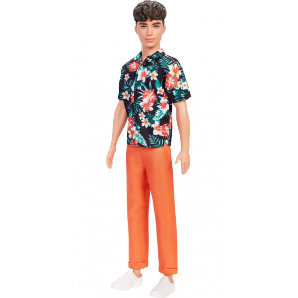 Barbie Fashionistas Ken Doll #184 con cabello castaño corto y camisa hawaiana, pantalones naranjas y náuticos blancos