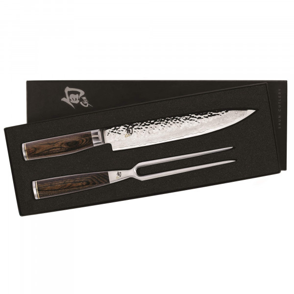 Shun Cutlery Premier Juego de trinchar de 2 piezas, incluye cuchillo para rebanar Premier de 9,5 pulgadas y tenedor para trinchar, cuchillo y tenedor para trinchar japoneses auténticos hechos a mano