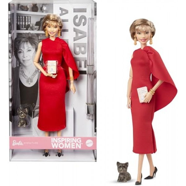 Muñeca Barbie Inspiring Women, Isabel Allende coleccionable con vestido rojo con accesorio para libro y mascota