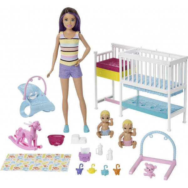 Muñecas y juego Barbie Skipper Babysitters Inc, guardería Nap 'n Nurture, muñeca Skipper, muñeca bebé, cuna y más de 10 accesorios, hamaca de juguete que funciona