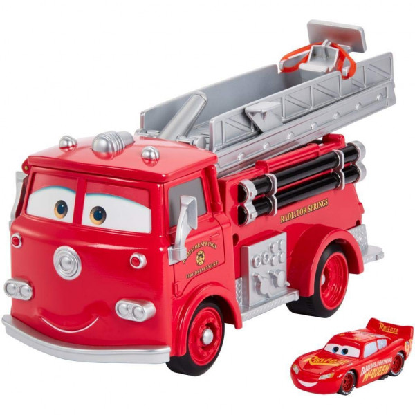 Mattel Disney y Pixar Cars Stunt & Splash Camión de bomberos rojo con auto de juguete Rayo McQueen que cambia de color, manguera de trabajo, tanque de inmersión y más