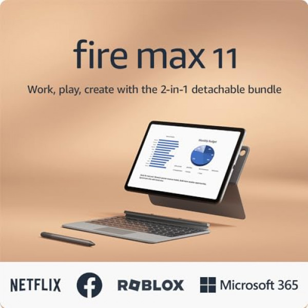 Paquete de productividad para tableta Amazon Fire Max 11 con estuche para teclado, lápiz óptico, procesador octa-core, 4 GB de RAM para hacer más durante el día, 128 GB, gris, sin anuncios en la pantalla de bloqueo