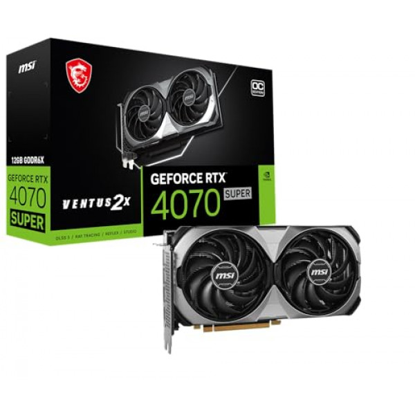 Tarjeta gráfica MSI Gaming RTX 4070 Super 12G Ventus 2X OC (NVIDIA RTX 4070 Super, 192 bits, reloj Boost: 2520 MHz, 12 GB GDRR6X 21 Gbps, HDMI/DP, arquitectura Ada Lovelace)