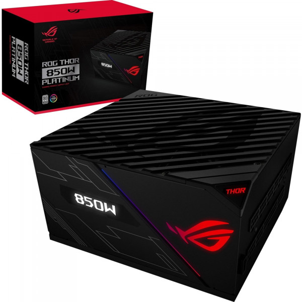 Fuente de alimentación RGB totalmente modular de 850 W con certificación ASUS ROG Thor 850 y panel OLED LiveDash