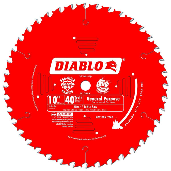 Hoja de sierra de uso general Diablo para madera: 10 de diámetro, 40 dientes ATB, eje de 5/8, ranura de 0,098, 15