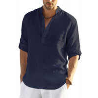 COOFANDY Camisa Henley de lino y algodón para hombre, camisetas casuales de playa hippie de manga larga, azul marino