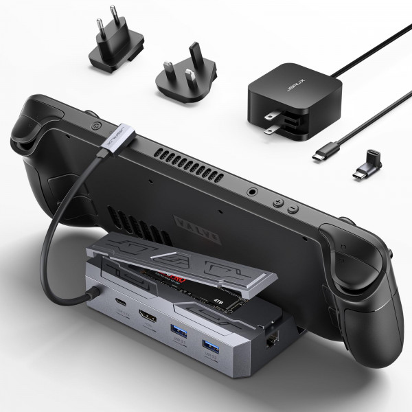 JSAUX M.2 Docking Station 6 en 1 para Steam Deck/ROG Ally con juego de cargador adaptador de CA de 65 W, HDMI 2.0 4K@60Hz, Ethernet, puertos duales USB-A 3.2 y USB-C compatible con Steam OLED HB0604 (SSD no Incluido)