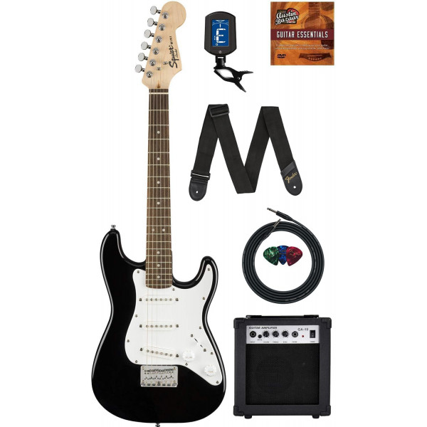 Fender Squier Paquete de aprendizaje para aprender a tocar guitarra eléctrica Mini Strat para niños de tamaño 3/4 con amplificador, cable, afinador, correa, púas, lecciones en línea de Fender Play y DVD instructivo de Austin Bazaar - Negro