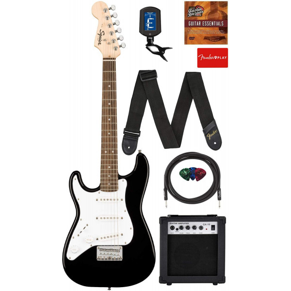 Fender Squier Mini guitarra eléctrica Stratocaster para zurdos, tamaño 3/4, para aprender a tocar, paquete negro con amplificador, cable, afinador, correa, púas, lecciones en línea y DVD instructivo de Austin Bazaar