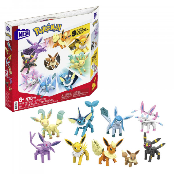 MEGA Pokémon Juego de juguetes de construcción Cada evolución de Eevee con 470 piezas, 9 personajes articulados, para niños