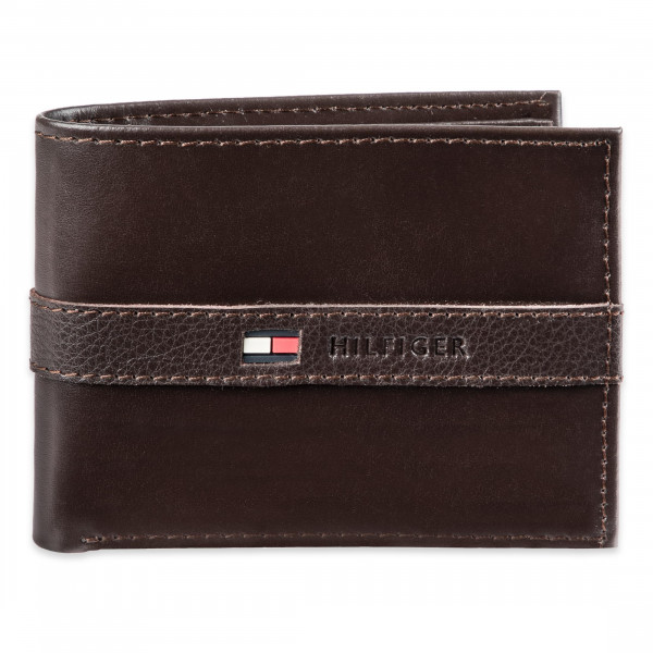 Tommy Hilfiger Cartera de cuero para hombre - Plegable delgada con 6 bolsillos para tarjetas de crédito y ventana de identificación extraíble, marrón casual, talla única