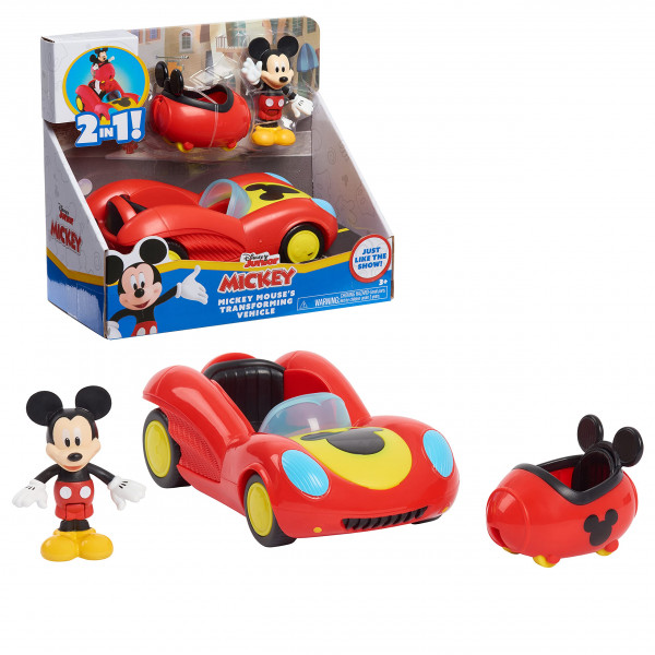 Disney Junior Mickey Mouse Funhouse Vehículo transformador, Mickey Mouse, coche de juguete rojo, preescolar, juguetes para niños con licencia oficial para edades de 3 años en adelante por Just Play