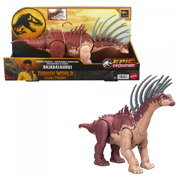 Mattel Jurassic World Figura de acción de Gigantic Trackers, juguete de dinosaurio Bajadasaurus con ataque de cuello Rampage, picos de evolución, látigo de cola y juego digital