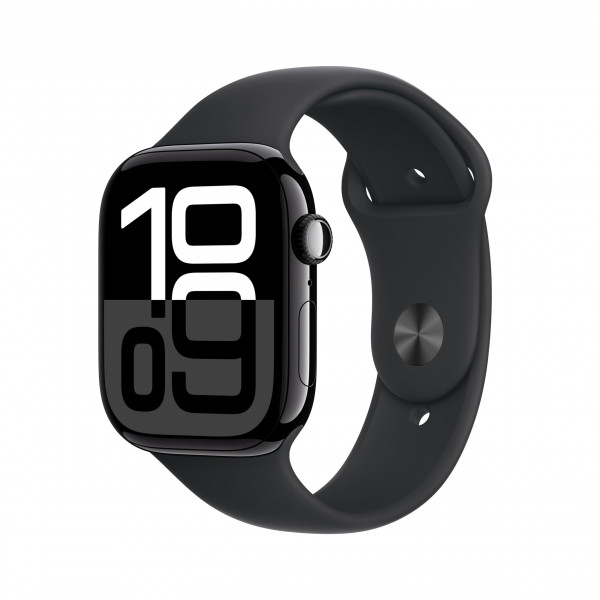 Apple Watch Series 10 [Caja GPS de 46 mm] Reloj inteligente con caja de aluminio en negro azabache y correa deportiva negra - S/M. Monitor de actividad física, aplicación de ECG, pantalla Retina siempre activa, resistente al agua