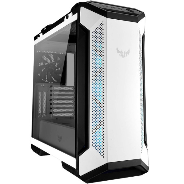 Caja de computadora de torre media ASUS TUF Gaming GT501 White Edition para placas base hasta EATX con 2 paneles frontales USB 3.1, vidrio templado ahumado, construcción de acero y cuatro ventiladores de caja