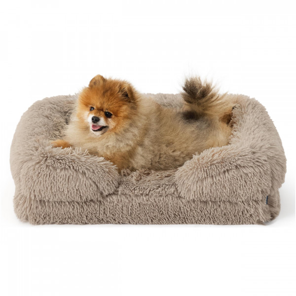 Bedsure Cama ortopédica pequeña para perros – Sofá cama lavable y calmante para perros pequeños, sofá cama de espuma de apoyo para mascotas con funda extraíble lavable, forro impermeable y sofá inferior antideslizante, color topo