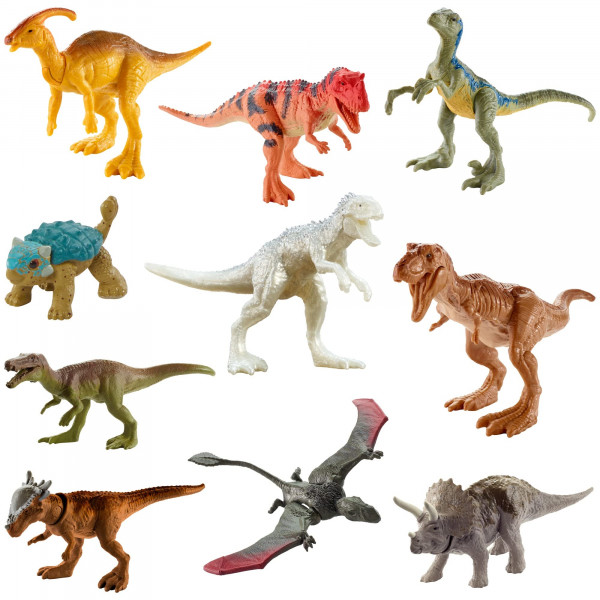 Mattel Jurassic World Camp Cretácico Multipack con 10 mini figuras de acción de dinosaurios, escultura realista y uno o más puntos de articulación móviles icónicos de su especie, a partir de 4 años