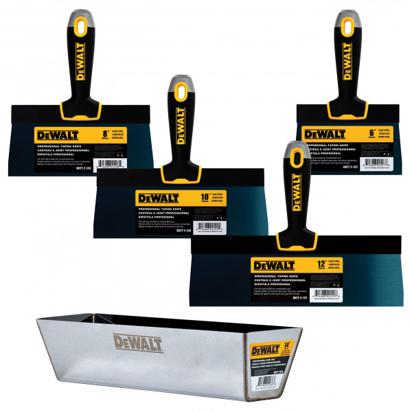 DEWALT Juego de cuchillos para cinta de acero azul y bandeja para barro + cuchillo gratis de 6 | 8/10/12 pulgadas | Mangos de agarre suave | DXTT-3-164