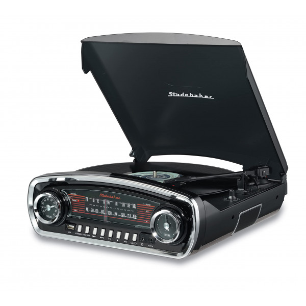 Studebaker Tocadiscos con control de tono de 3 velocidades con receptor Bluetooth Radio estéreo AM/FM/ranura USB para reproducción de MP3/auriculares y conectores auxiliares (negro)