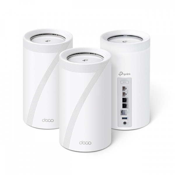 Sistema de malla para el hogar TP-Link Quad-Link Sistema de malla para el hogar entero (Deco Be95)-16-stream, 2 x 10g + 2 x 2.5g Puertos Backhaul con cable, 12 x antenas de alta ganancia, VPN, Roaming, 4x4 MU-MIMO, Homallield (3-paquete)