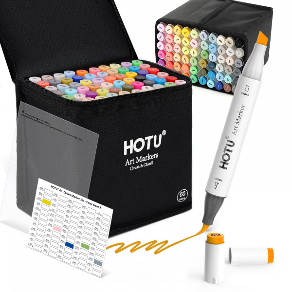 Hotu Alcohol Markers Pincel Tip -60 Vibrant Colors Dual Tips Art Markers Set, para artistas para adultos para colorear, con mezcla sin costuras, licuadora incolora, almohadilla anti -sangrante y tinta premium