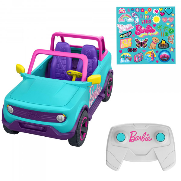 Barbie Hot Wheels RC SUV, vehículo rosa de control remoto que se adapta a 2 muñecas y accesorios de moda, incluye pegatinas aplicadas para niños para la personalización