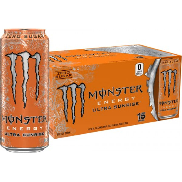 Monster Energy Ultra Sunrise, bebida energética libre de azúcar, 16 fl oz (paquete de 15)